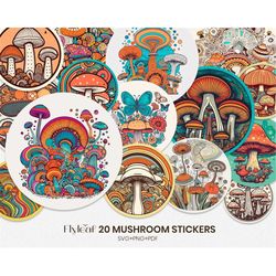 Mushrooms Stickers SVG, 20 Retro Digital Stickers bundle, PNG Printable stickers, Groovy Mushroom Clipart, Tshirt Sublim