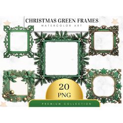 Set of 20, Watercolor Christmas Green Frames Clipart, Green Frame PNG, Holiday Clipart, Christmas Sublimation, Nursery A