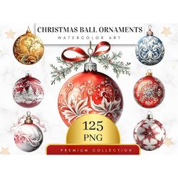 set of 125, christmas ball ornaments clipart, holiday decor png, sublimation png, scrapbook clipart, junk journal, wall