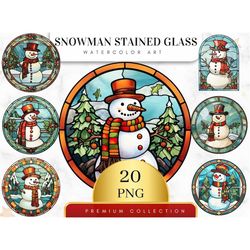 Set of 20, Snowman Stained Glass Clipart, Winter Clipart, Christmas Clipart, Snowman PNG, Holiday Clipart, Sublimation P