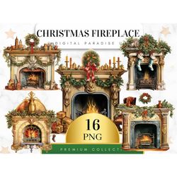 Set of 16, Christmas Fireplace Clipart, Holiday Fire PNG, Winter Clipart, Cozy Home Decor, Fireplace Png, Sublimation Pn