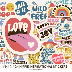 Hippie Stickers, 24 Boho Digital Stickers SVG Bundle, PNG Printable Stickers, Positive Quotes, Motivational Quotes, T-sh
