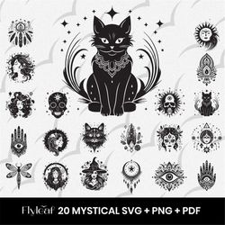 Magic Bundle SVG, 20 Mystic SVG, Celestial Cat PNG, Boho Spiritual Symbols, Cut Files for Cricut, Mystic Moon Illustrati