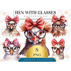 Set of 8, Hen with Glasses Clipart, Hen PNG, Farm Animal Clipart, Chicken Clipart, Junk Journal Decor, Sublimation PNG,