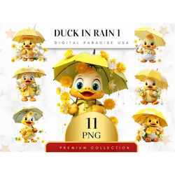Set of 11, Duck in Rain Clipart, Duck PNG, Rain Clipart, Watercolor Duck, Duckling Clipart, Nursery Clipart, Sublimation