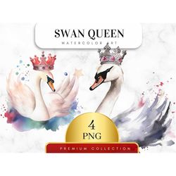 Set of 4, Watercolor Swan Queen Clipart, Watercolor Swan PNG, Digital Designs, Mugs, T-Shirts, Digital Paper Craft, Mixe