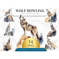 Set of 14, Howling Wolf Clipart, Watercolor Wolf png, Watercolor Wolf Clipart, Wall Art, Paper Craft, Apparel, Junk Jour
