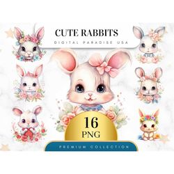 Set of 16, Cute Rabbits Clipart, Bunny Clipart, Rabbit PNG, Easter Bunny, Spring Clipart, Watercolor Bunny, Sublimation