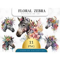 Set of 11, Watercolor Floral Zebra Clipart, Zebra PNG, Zebra with flowers Png, Zebra floral Art, Floral Zebra, Sublimati