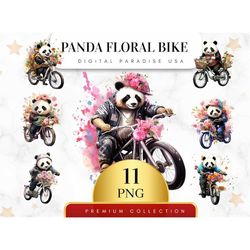 Set of 11, Panda Floral Bike Clipart, Junk Journal, Scrapbook, Sublimation PNG, Panda Clipart, Panda Png, Vintage Bike P