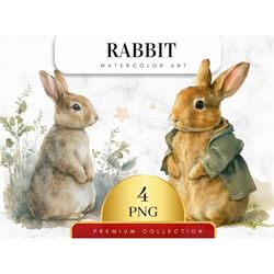 Set of 4, Watercolor Rabbits Clipart, Cute Pet Clipart, Easter Clipart, Animals Watercolor, Fluffy Pets, Farm animals, C
