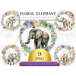 Set of 9, Watercolor Elephant in Wreath, Watercolor Elephant clip art, Elephant Png, Sublimation Png, Floral Animals Cli