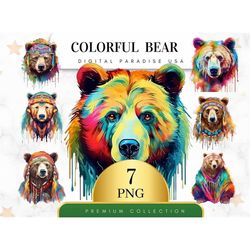 set of 7, colorful bear clipart, bear png, cute animal clipart, watercolor bear, junk journal, scrapbook clipart, wall a