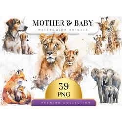 set of 39, mother and baby animal clipart, mother and cub animal clipart, scrapbook, sublimation, lion, giraffe, dog, el