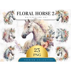Set of 23, Watercolor Floral Horse Art, Floral Horse Clipart, Watercolor Horse Png, Card Making, Mixed Media, Floral Hor