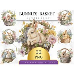 Set of 22, Watercolor Bunnies in Basket, Bunny PNG, Bunny Basket Png, Animals Clipart, Bunny Clipart, Printable Bunnies
