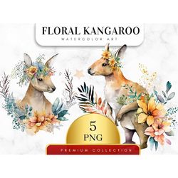 Set of 5, Watercolor Floral Kangaroo, Floral Kangaroo Png, Watercolor Kangaroo Png, Kangaroo Clipart, Sublimation Png, W