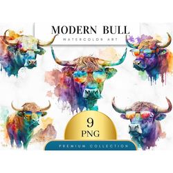 Set of 9, Watercolor Modern Bull, Watercolor Bull clipart, Bull Png, Wall Art, Watercolor Animal Clip art, Sublimation D