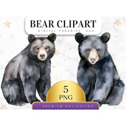 Set of 5, Watercolor Bear Clip Art, Boho Bear PNG, Nursery Art, Cute Bear Clipart, Sublimation Png, Watercolor Clipart,