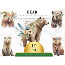 set of 10 bear print, boho bear,  flower wreath clipart, nursery decor,  floral bears clipart, watercolor, card making,