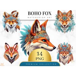 Set of 14, Watercolor Fox Clipart, Boho Fox Png, Cute Fox Clipart, Woodland Animals Clipart, Fantasy Fox Art, Sublimatio