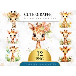 set of 12, cute giraffe clipart, giraffe png, baby animal clipart, safari nursery decor, jungle animals, sublimation png