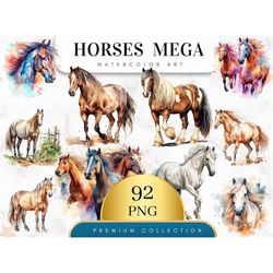 Set of 92, Watercolor Horse Png, Horse Clip Art, Watercolor Horse, Western Clipart, Farm Animals, Horse Mega Bundle, Wal