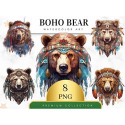 Set of 8, Watercolor Bear Clip Art, Boho Bear PNG, Nursery Art, Cute Bear Clipart, Sublimation Png, Watercolor Clipart,