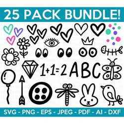 Doodle SVG Bundle, Heart SVG, Arrow Svg, Bird svg, Eyes Svg, Flower Svg, Hedgehog Svg, Diamond Svg, Dragonfly, Cut Files