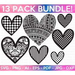 Heart SVG Bundle, Patterned Heart SVG, Sketch, Hand-drawn Heart svg, Valentine Heart svg, Name Frame svg, Cut Files Cric