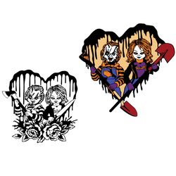 Halloween Chucky And Tiffany Heart Floral SVG, Horror Movie SVG