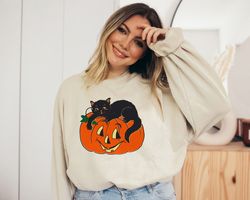 Vintage Black Cat Sweatshirt, Halloween Sweatshirt, Pumpkin