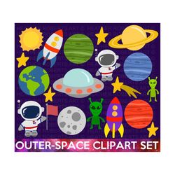 Outer Space Clipart Set, Planets Clipart Set, Planets PNG, Outer Space png, Astronaut Clipart, Spaceship png, UFO png, S