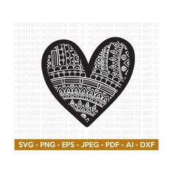 Mandala Outlined Heart Svg, Heart SVG, Hand-drawn Heart svg, Valentine Heart svg, Heart Shape, Patterned Heart, Cut File
