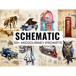50 Schematic Blueprint Midjourney Prompts, AI Art, Midjourney Prompt, Midjourney AI Art, Learn Midjourney, Digital Art,