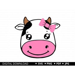 Cow Face For Girls Svg, Cow svg, Cow cut file, Cow head, Farm animal, Cow clip art, Cute Girls Cow PNG SVG Silhouette an
