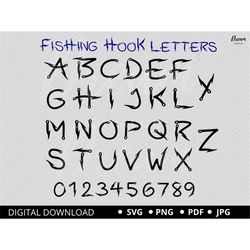 Fish Hook Fishing SVG Font, Fish hooks letters PNG, Hook Fishing Alphabet, Fishing Letters png svg Cut File For Cricut &