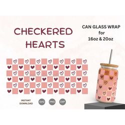16oz | 20oz Checkered Hearts Beer Can Glass Wrap SVG, Retro, Vintage, Heart Can Wrap Cut files PNG