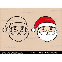 Santa Svg, Santa Claus Face, Cute Santa Christmas Cut File, Santa Head Clipart, Xmas Holiday Santa PNG, SVG Instant Down
