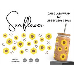 16oz | 20oz Sunflower SVG  Glass Can Wrap, Flower, Love Heart Svg, Floral Coffee Glass Can, Beer Glass Svg Png Files Dig