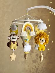 Baby mobile crib with safari animals, lion, monkey and giraffe mobile crib, Nursery tropical decor