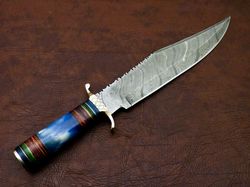 Custom Handmade Damascus Bowie Knife Fixed Blade Knife, Scrimshaw Bone Handle,