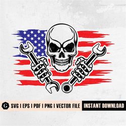 US Skull Mechanic SVG File | Mechanic Logo | Wrenches Svg | Mechanic Skull Png | Skull Silhouette | Bones Of Human Svg |