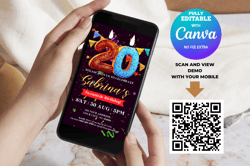 20th Birthday Mobile Invitation, Twentieth Birthday Girl Mobile Invitation Fully Editable with Canva