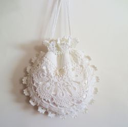 Crochet wedding lace purse bridal lace handbag-flower white beaded hand crochet lace reticule evening bag gift for Her