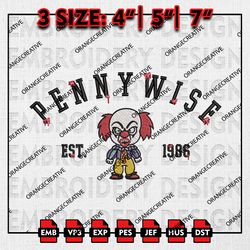 Chibi Pennywise Est Embroidery files, Horror Characters, Halloween Embroidery Designs, IT Machine Embroidery File