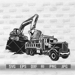 Dump Truck SVG with Track Hoe Cut File | Dump Land Clipart | Excavator Stencil | Heavy Equipment DXF | Trucker Driver Da