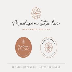 Editable Logo Design, DIY Canva Lotus Flower Wellness Logo, Handcrafted Logo, Yoga Studio Logo Template and Sub Marks