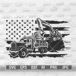 US Dump Truck with Track Hoe svg | Excavator Clipart | Heavy Equipment Cut File | Trucker Driver Dad Shirt png | US Exca