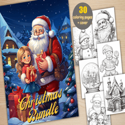 Christmas Big Bundle Coloring Book, Printable Xmas Santa Claus Coloring Pages, Grayscale Christmas Coloring Book for Ad